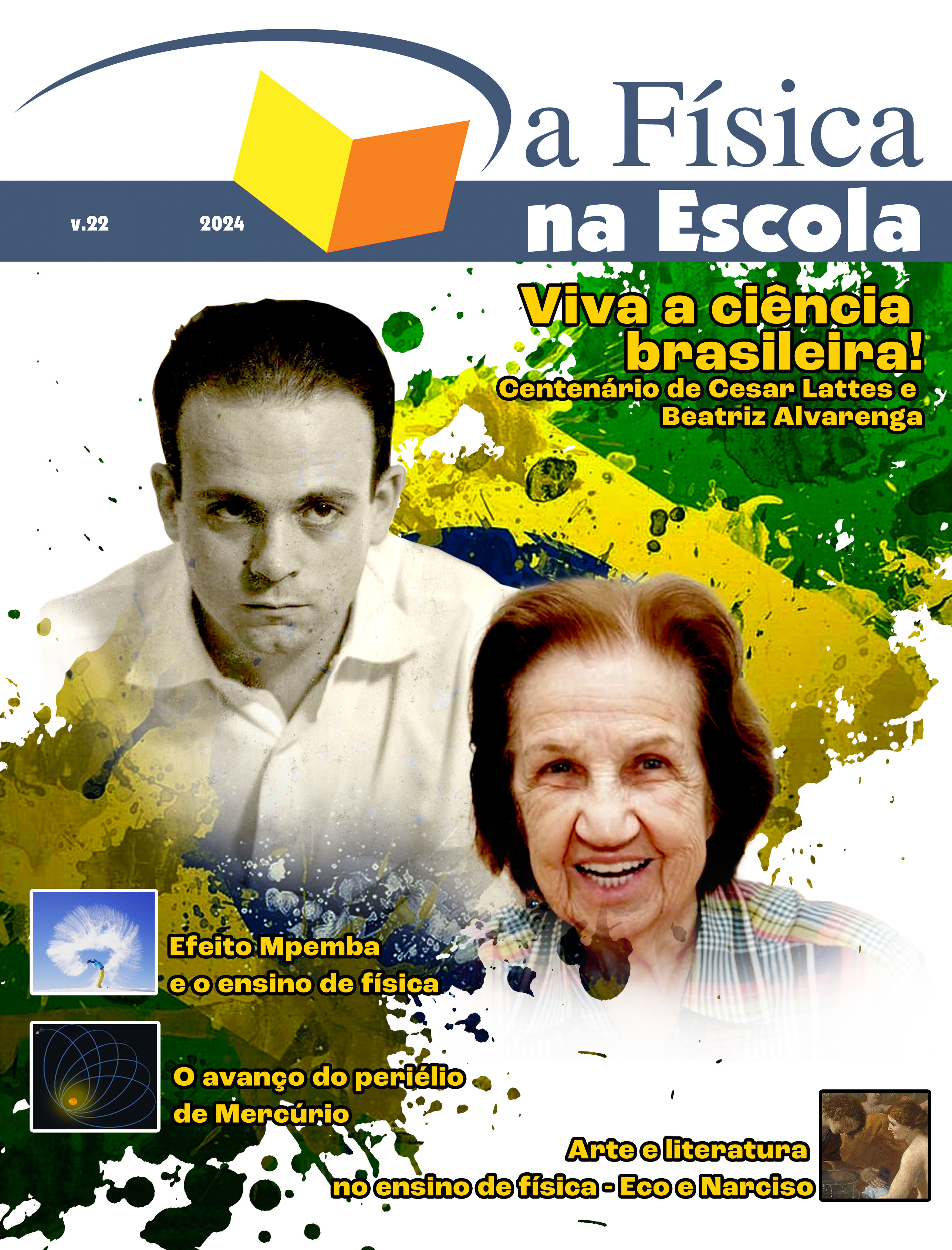 Capa do volume 22 apresentando ao centro as imagens de Cesar Lattes e Beatriz Alvarenga.